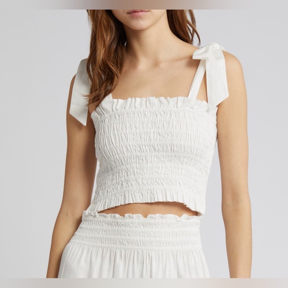 LoveShackFancy Tops - LoveShackFancy Jama Smocked Tie Strap Crop Top Bows in White